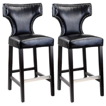 Aiden Black Faux Leather 29" Barstool with Metal Stud Detailing and Wood Legs