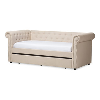 Mabelle Beige Fabric Trundle Daybed Transitional Daybeds by