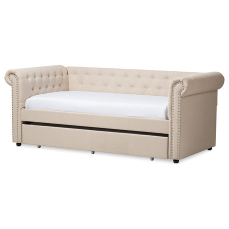Mabelle Beige Fabric Trundle Daybed, Beige