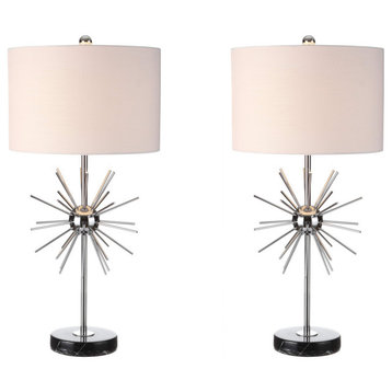Aria 31.5" Metal and Marble Table Lamp, Chrome, Set of 2