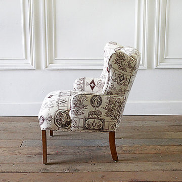 Vintage Petite Wing Chair Upholstered in Brown Toile Fabric