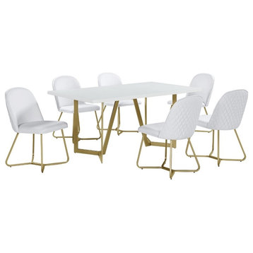 7pc White Wood Top Dining Set with White Faux Leather Chairs and Gold Base