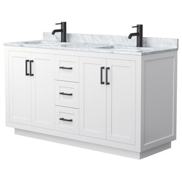 60" Double Bathroom Vanity White, White Carrara Countertop, Sinks, Black Trim
