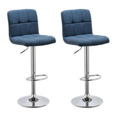 Modern Set of 2 Swivel Barstools, Linen Fabric, Backrest Adjustable Height, Blue
