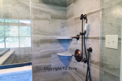 Inspiration for a small contemporary master gray tile and porcelain tile porcelain tile and gray floor doorless shower remodel in Philadelphia with furniture-like cabinets, light wood cabinets, a two-piece toilet, gray walls, an undermount sink, quartzite countertops, a hinged shower door and white countertops