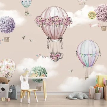 Beautiful Floral Decoration Hot Air Balloons Wall Paper for Young Kids Rooms