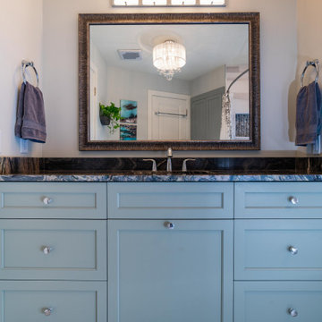 Primary Bath with Explosion Blue Quartzite Countertops