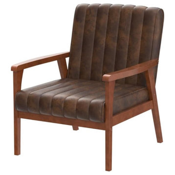 Mid Century Accent Chair, Rubberwood Frame With Padded Faux Leather Seat