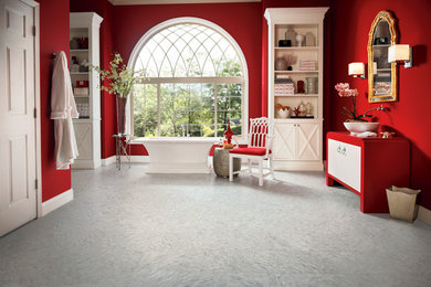 Freestanding bathtub - large contemporary master vinyl floor freestanding bathtub idea in Orange County with flat-panel cabinets, white cabinets, red walls and a vessel sink