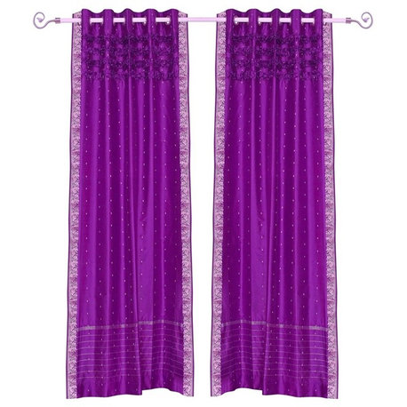 Lined-Violet Red Hand Crafted Grommet Sheer Sari Curtain Drape Panel  Piece