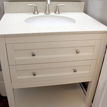 Gray Powder Room with White Vanity and Crystal Palace Quartz Countertop