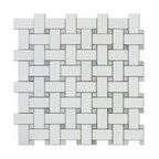 1"x2" Thassos White Basketweave Marble Tile, Green Dots, Polished