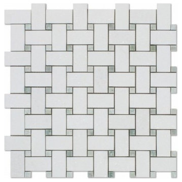 1"x2" Thassos White Basketweave Marble Tile, Green Dots, Polished