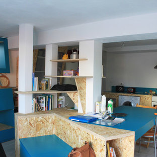 Small scandinavian kitchen pantry pictures - Small danish l-shaped linoleum floor kitchen pantry photo in Bordeaux with a drop-in sink, beaded inset cabinets, light wood cabinets, blue backsplash, white appliances and an island