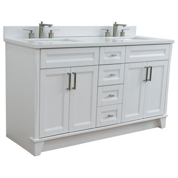 61" Double Sink Vanity, White Finish And White Quartz And Rectangle Sink