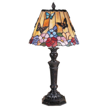 Traditional Table Lamp, Carved Base & Glass Shade With Intricate Filigree Detail