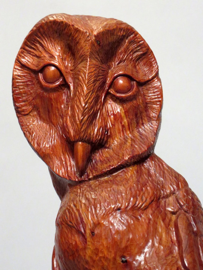 DETAIL: Red Barn Owl. Hand Carved Cedar Sculpture 17" x 8"