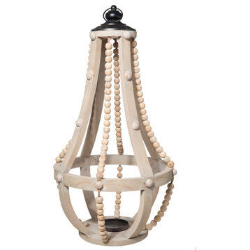 Round Wood Bellied Lantern with Metal Top and Hanger Weathered Brown Finish