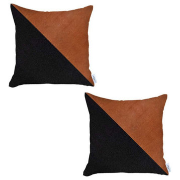 Set of 2 Black And Faux Leather Lumbar Pillow Covers
