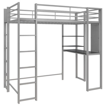 Twin Metal Loft Bed, Safety Guard Rails and Built, Desk With 2 Ladders, Silver