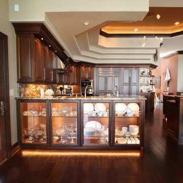 Leaded Glass Dining Room Cabinets in Walnut Kitchen