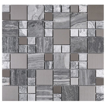11.75"x11.75" Arya Stainless Steel and Marble Mosaic Tile Sheet, Bardiglio Gray