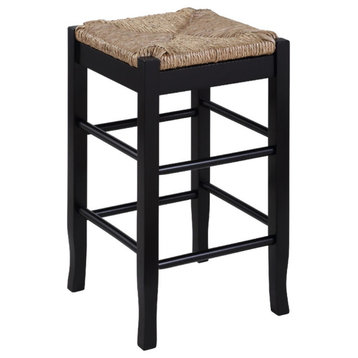 Chris 24" Counter Stool With Wood Frame, Handwoven Rush Seat, Black