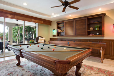 Design ideas for a large tropical open concept family room in Miami with a game room, beige walls, plywood floors, a built-in media wall, no fireplace and beige floor.
