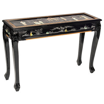 Classic Oriental Console Table, Unique Hand Carved Ladies Pattern, Black Lacquer