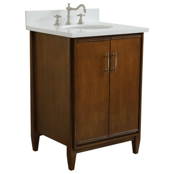 25" Single Sink Vanity, Walnut Finish, White Quartz and Oval Sink