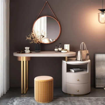 Pink Makeup Vanity Set with Storage Drawers Side Cabinet & Mirror & Stool Includ