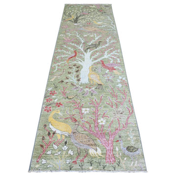 Sea Green Wool Peshawar Birds of Paradise Hand Knotted Runner Rug, 2'10"x9'8"
