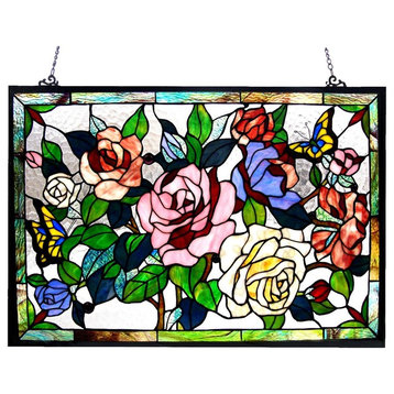 Chloe Lighting Tiffany-Glass Featuring Roses and Butterflies Window Panel