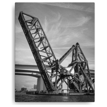 Black And White Bridge Canvas: Train Drawbridge Urban Photo, 16" X 20"