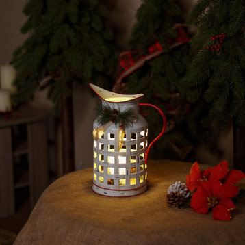 White Metal Pitcher with Candle Décor and LED Light