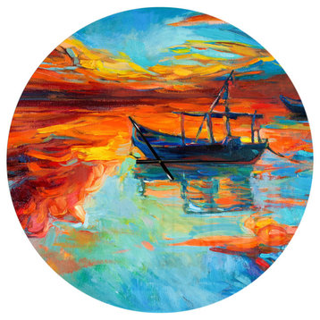 Fishing Sailing Boat At Red Sunset Coastal Metal Clock, 23x23