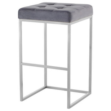 Modern Chic Glam Tufted Velour Stool, Silver Grey