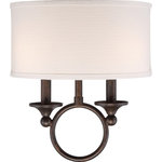 Quoizel - Quoizel ADA8702LN Adams 2 Light Wall Sconce in Leathered Bronze - The simplicity and form of the Adams Collection conveys a minimal design with great impact. The crisp white fabric of the shade is trimmed to match and contrasts beautifully with the dark hue of the fixture body. The circular design of the base is finished a rich Leathered Bronze.