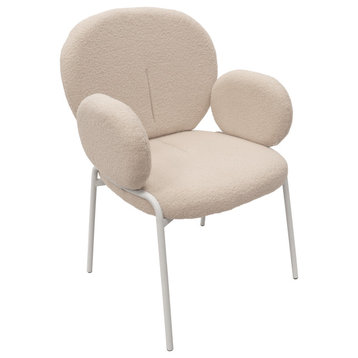 Celestial Boucle Dining Chairs With Arms, White Iron Legs, White