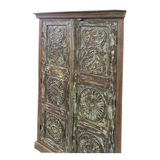 Consigned Rustic Farmhouse Armoire Blue Carved Cabinet Reclaimed Wood Storage