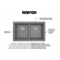Karran 32" Undermount Double Bowl 50/50 Quartz Kitchen Sink Kit, Grey