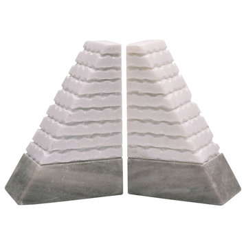 Set of 2 Marble 6"H Pyramid Bookends, White/Onyx