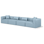 Meridian Furniture - Cube Upholstered Modular Sofa, Light Blue, 4-Piece: 2 Armless Chair, 2 Corner Chair, Vegan Leather - Elevate your space with the luxurious Cube Vegan Leather Modular Sofa. This modular sofa exudes modern elegance, charm, and comfort making it a perfect addition to any contemporary living space. Its clean lines and cube shape are reminiscent of minimalist design, while the plush light blue vegan leather upholstery adds a touch of luxury and sophistication. The chair's versatile construction and geometric aesthetic seamlessly integrate into various design styles, from sleek living rooms to chic home offices, embodying the essence of modern design and creating a sense of order and tranquility in your space.