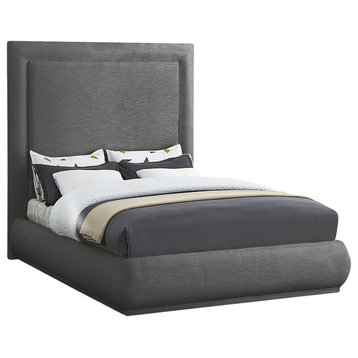 Brooke Linen Textured Fabric Upholstered Bed, Grey, Queen