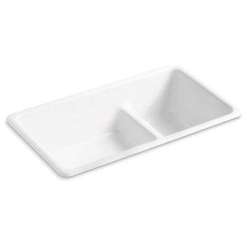 Kohler Iron/Tones Top/Under-Mount Double-Bowl Kitchen Sink, 33"x18-3/4"x9.63", White
