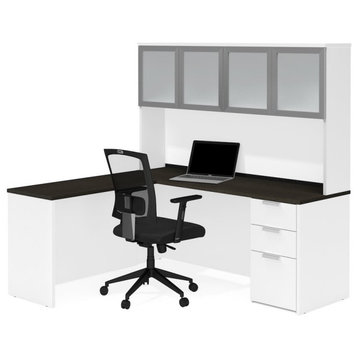 Pro-Concept Plus L-Desk with Frosted Glass Door Hutch in White & Deep Grey