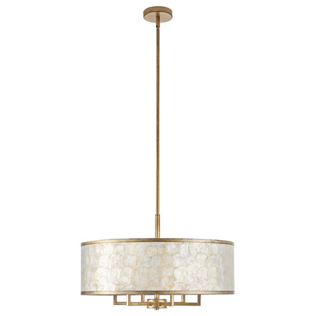 GetLedel 24-inch 6-Light Capiz Shell Drum Chandelier, Distressed Gold