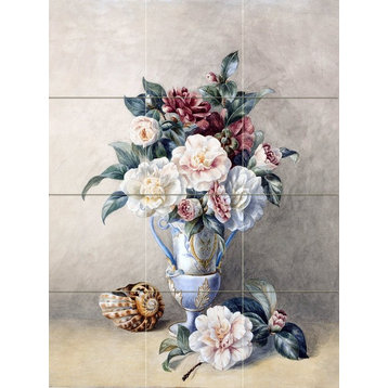 Tile Mural Still Life With Flowers In A Vase And A Shell, Marble