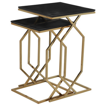 Set of 2 Modern End Table, Nesting Design With Geometric Golden Base & Black Top