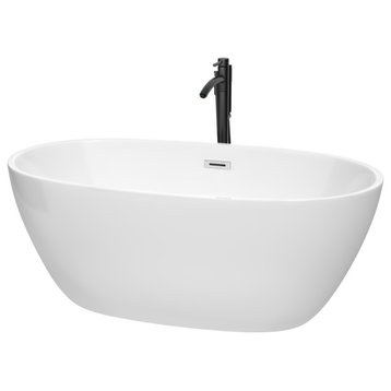 59" Juno Freestanding Bathtub, White, Chrome Trim, Floor Mounted Faucet, Black